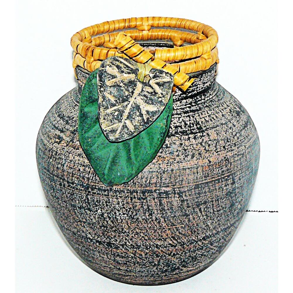 Vintage Handcrafted Ceramic Vase Wicker Rim Leaf Accent Unique Ceramics Ghana